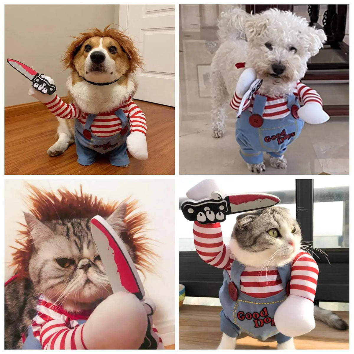Funny Chucky Halloween Dog Costume with Pet Wig, Cosplay Scary Outfit with Knife, Creative Pet Costume for Small Medium and Large Dogs Cats Puppy