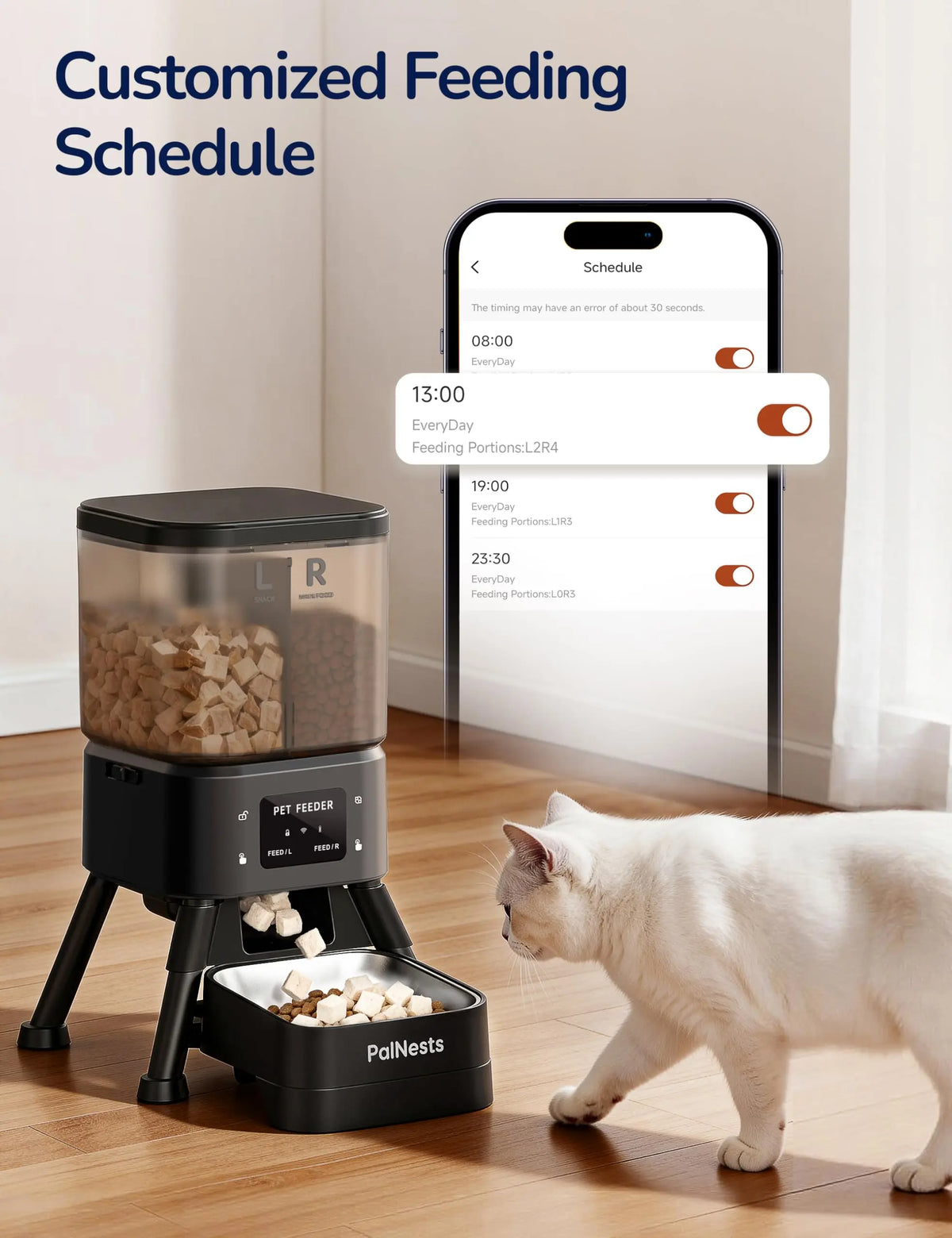 Palnests Smart Automatic Feeder - 4L Dual-Cavity Dry Food Dispenser with App Control, Stainless Steel Bowls, Wifi Sync, Timed Feeding & Low Food Alerts for Cats & Dogs