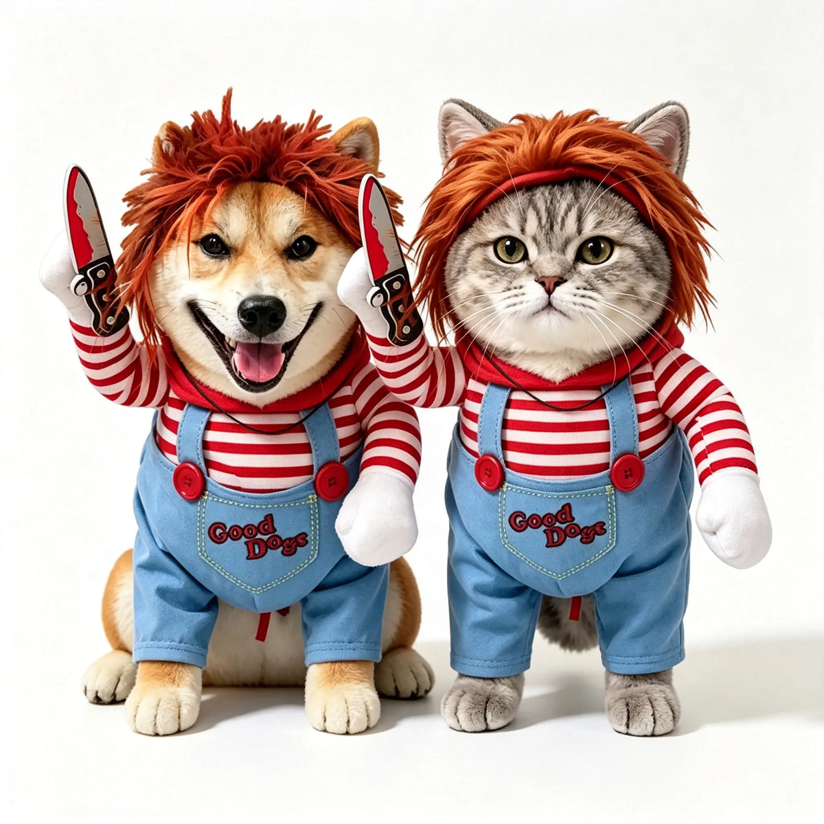 Funny Chucky Halloween Dog Costume with Pet Wig, Cosplay Scary Outfit with Knife, Creative Pet Costume for Small Medium and Large Dogs Cats Puppy