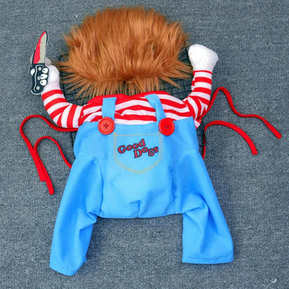 Funny Chucky Halloween Dog Costume with Pet Wig, Cosplay Scary Outfit with Knife, Creative Pet Costume for Small Medium and Large Dogs Cats Puppy