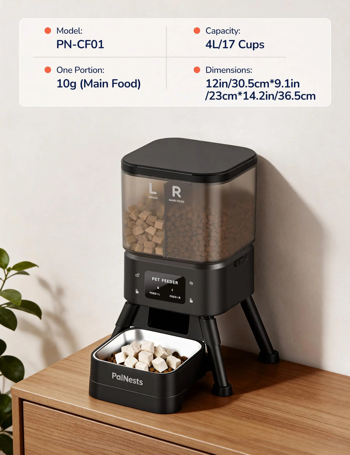 Palnests Smart Automatic Feeder - 4L Dual-Cavity Dry Food Dispenser with App Control, Stainless Steel Bowls, Wifi Sync, Timed Feeding & Low Food Alerts for Cats & Dogs