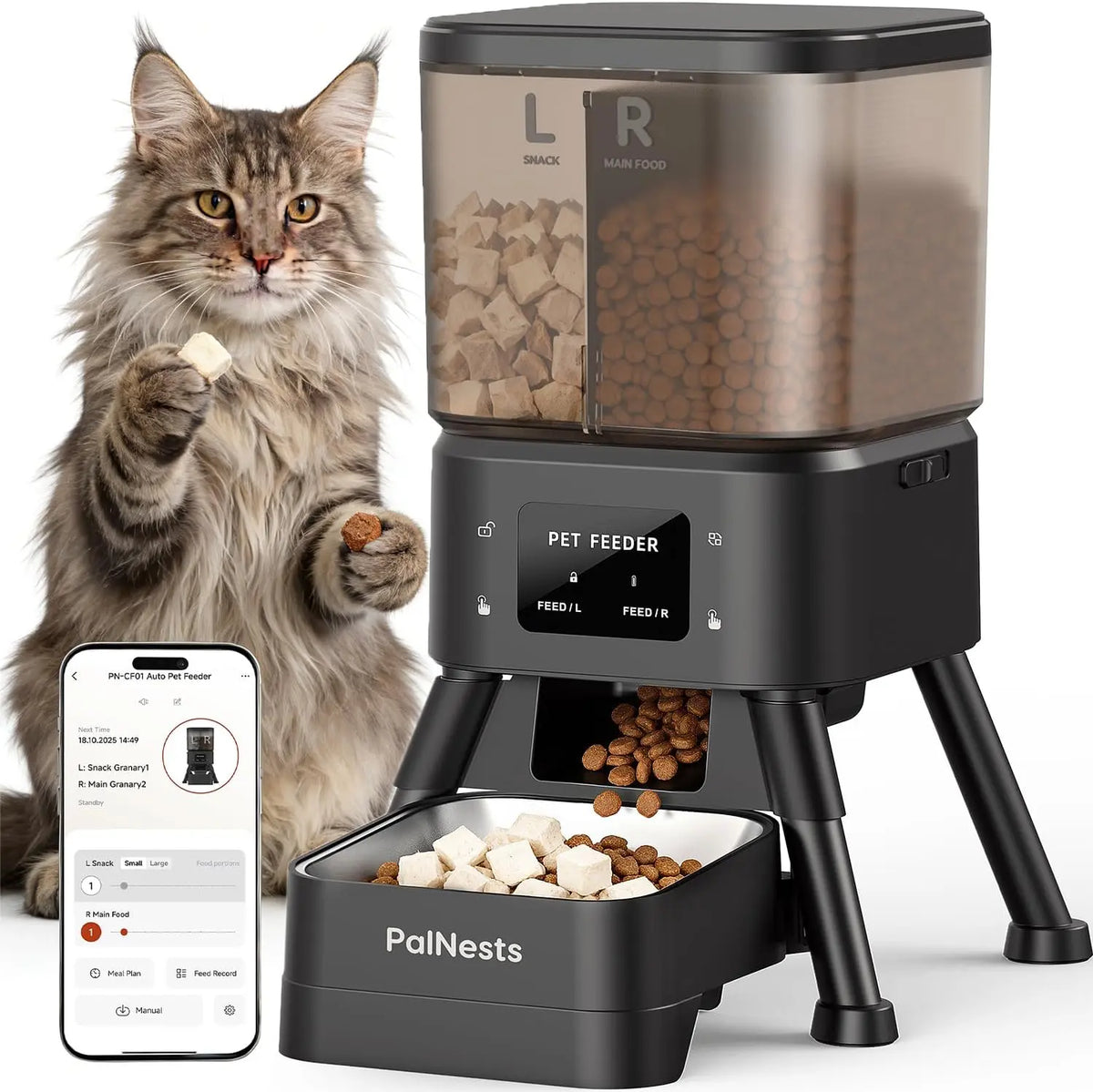 Palnests Smart Automatic Feeder - 4L Dual-Cavity Dry Food Dispenser with App Control, Stainless Steel Bowls, Wifi Sync, Timed Feeding & Low Food Alerts for Cats & Dogs