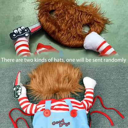 Funny Chucky Halloween Dog Costume with Pet Wig, Cosplay Scary Outfit with Knife, Creative Pet Costume for Small Medium and Large Dogs Cats Puppy