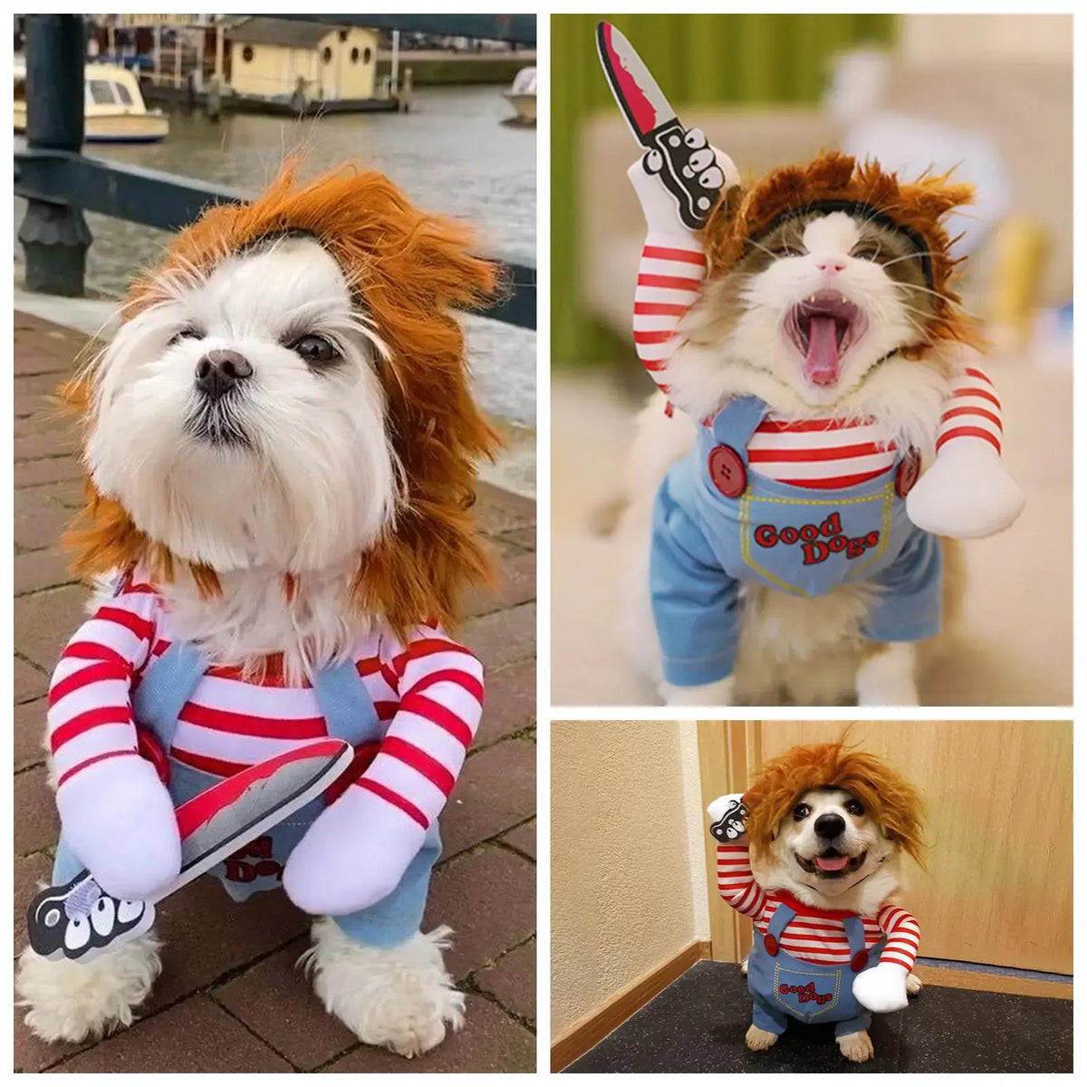Funny Chucky Halloween Dog Costume with Pet Wig, Cosplay Scary Outfit with Knife, Creative Pet Costume for Small Medium and Large Dogs Cats Puppy