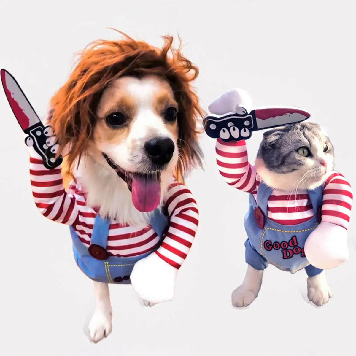 Funny Chucky Halloween Dog Costume with Pet Wig, Cosplay Scary Outfit with Knife, Creative Pet Costume for Small Medium and Large Dogs Cats Puppy