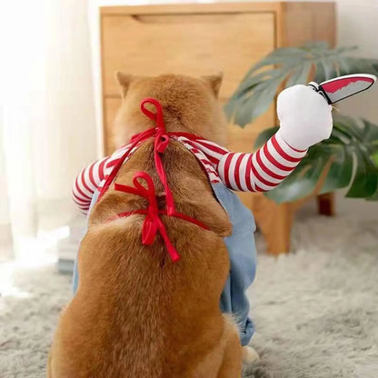Funny Chucky Halloween Dog Costume with Pet Wig, Cosplay Scary Outfit with Knife, Creative Pet Costume for Small Medium and Large Dogs Cats Puppy