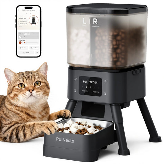 Palnests Smart Automatic Feeder - 4L Dual-Cavity Dry Food Dispenser with App Control, Stainless Steel Bowls, Wifi Sync, Timed Feeding & Low Food Alerts for Cats & Dogs