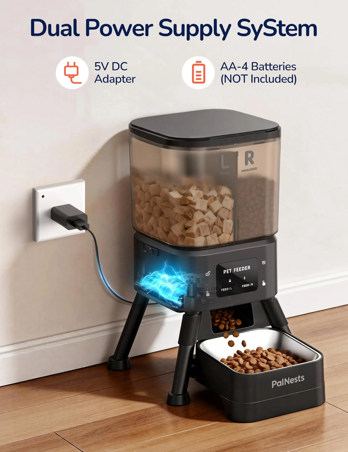 Palnests Smart Automatic Feeder - 4L Dual-Cavity Dry Food Dispenser with App Control, Stainless Steel Bowls, Wifi Sync, Timed Feeding & Low Food Alerts for Cats & Dogs