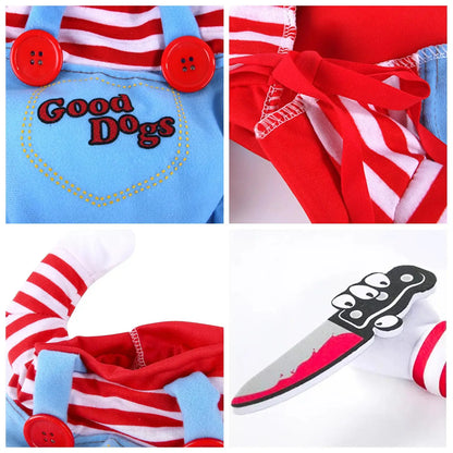 Funny Chucky Halloween Dog Costume with Pet Wig, Cosplay Scary Outfit with Knife, Creative Pet Costume for Small Medium and Large Dogs Cats Puppy